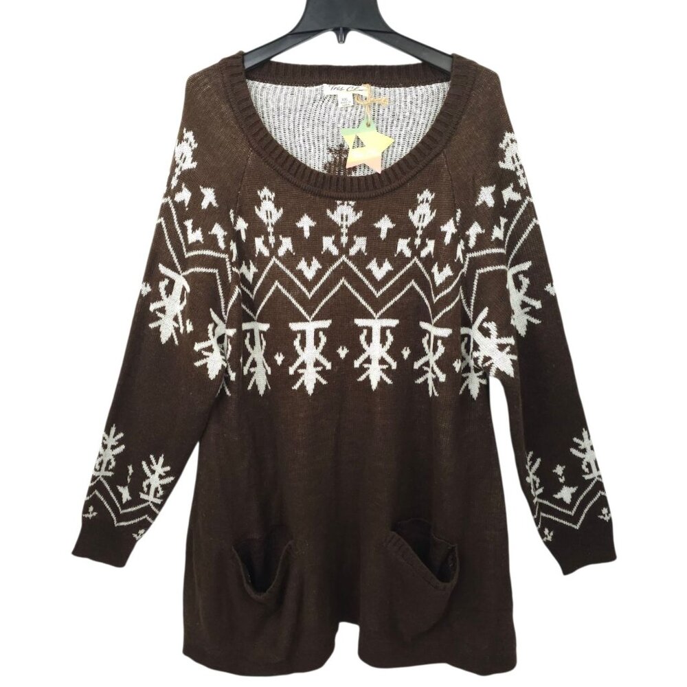 Tres Chic Pullover Knit Sweater Women XXL Pockets Nordic Brown White Long Sleeve